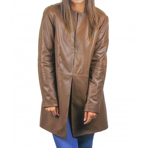 Cappotto in pelle per donna con scollo tondo e chiusure invisibili Zerimar - 1